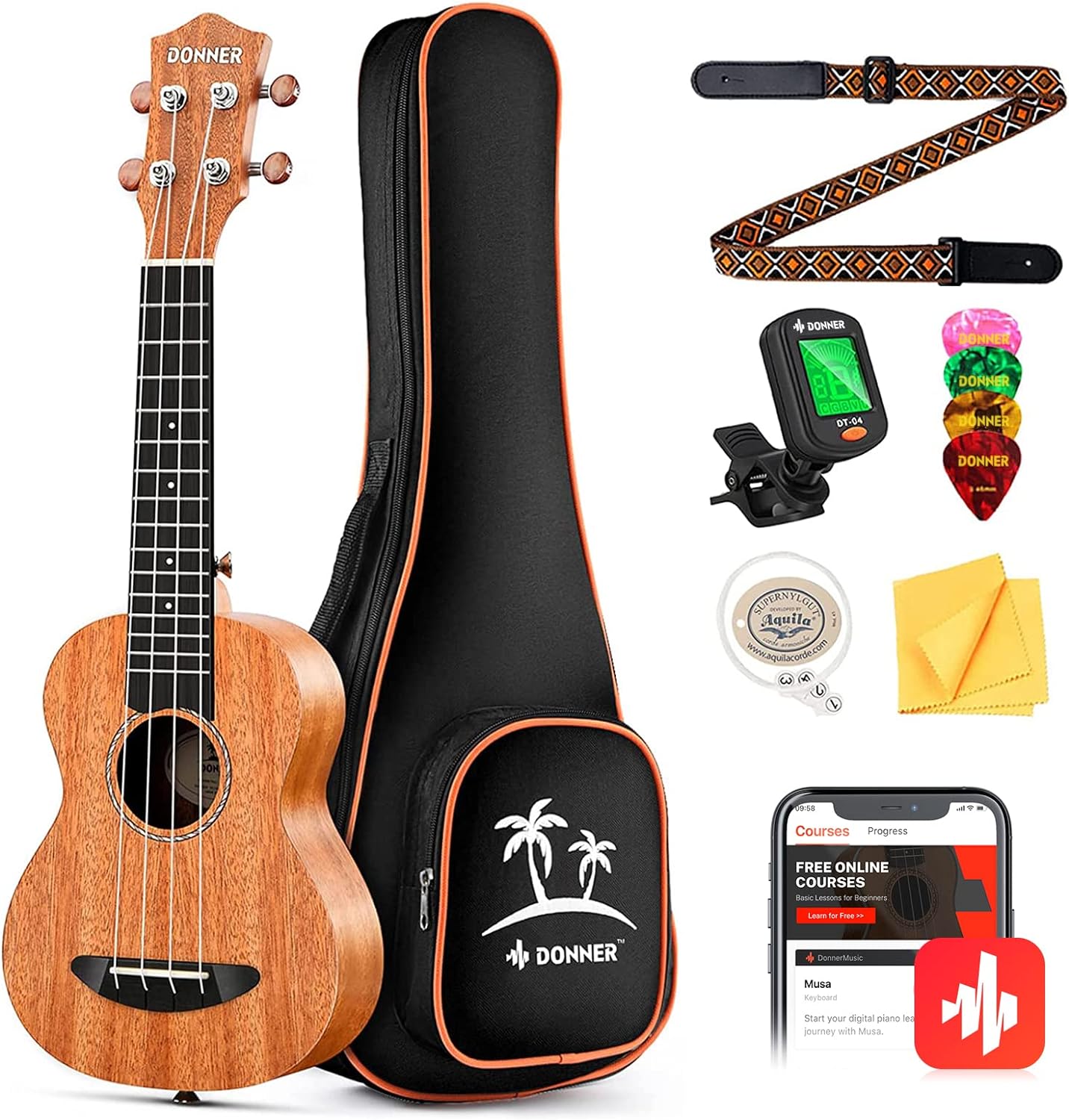 Donner Concert Ukulele Beginner Mahogany 23 Inch Ukulele Kit