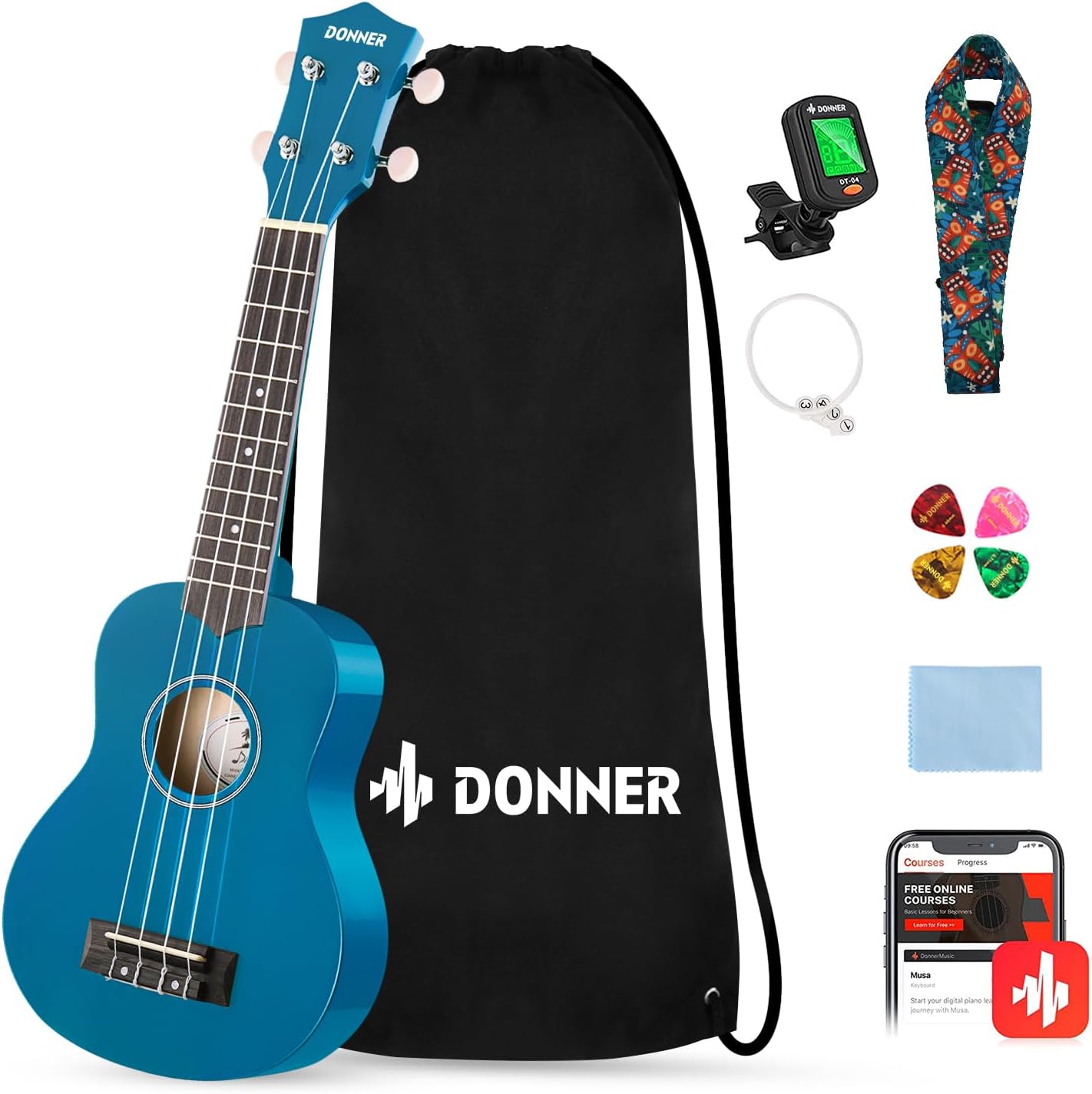 Donner Soprano Ukulele for Beginners 21 Inch Ukulele Starter Bundle Kit